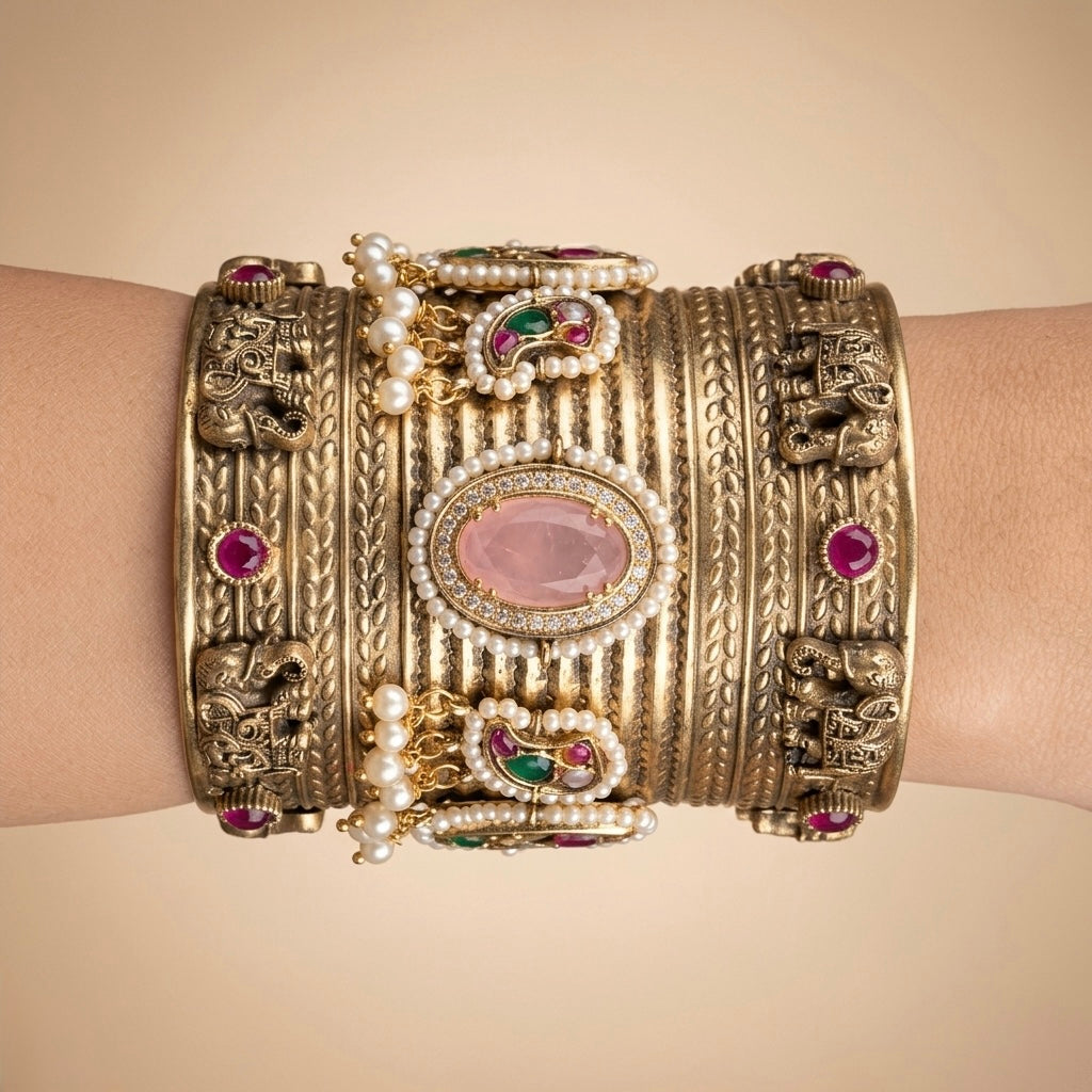 Majestic Antiqued Gold Temple Kada