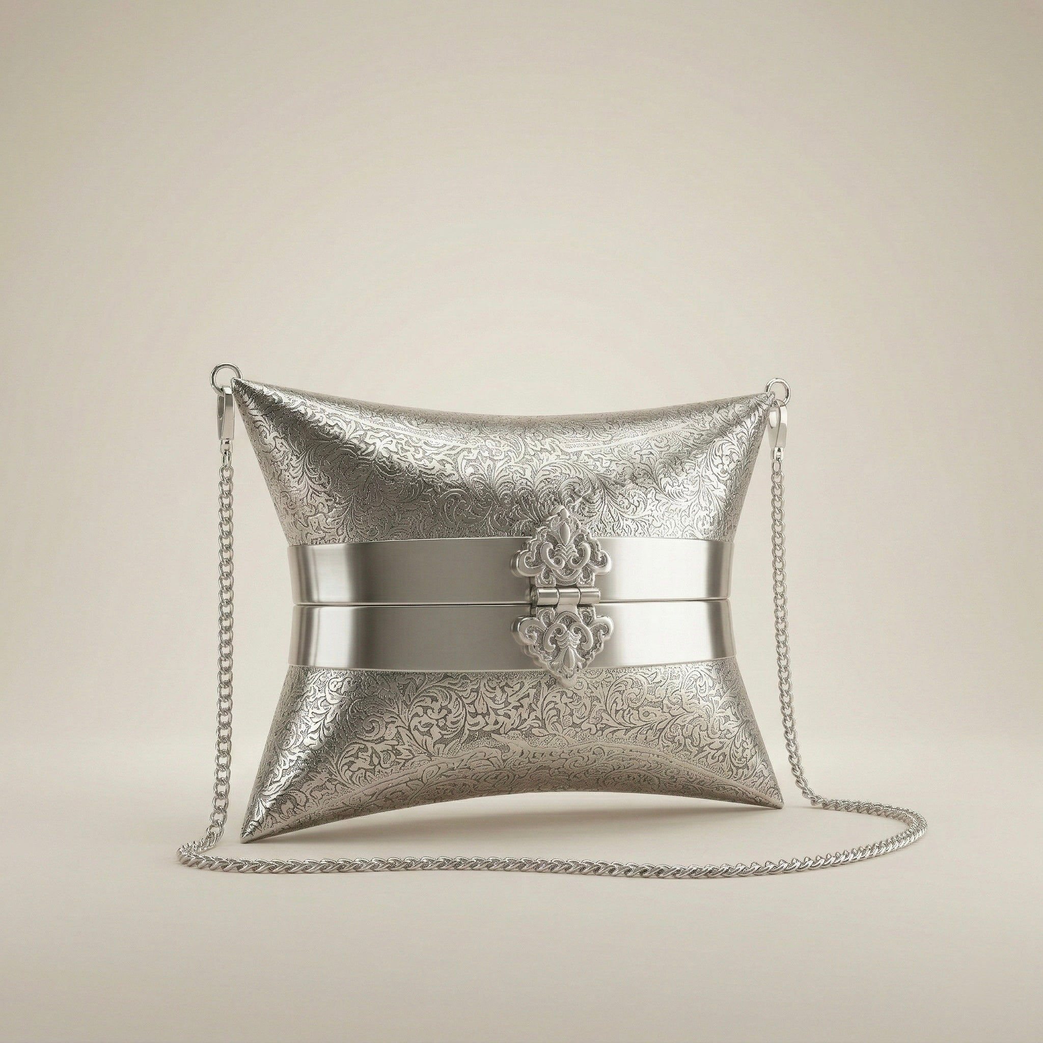 Embossed Silver Hard-Shell Clutch