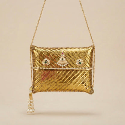 Golden Weave Kundan Clutch