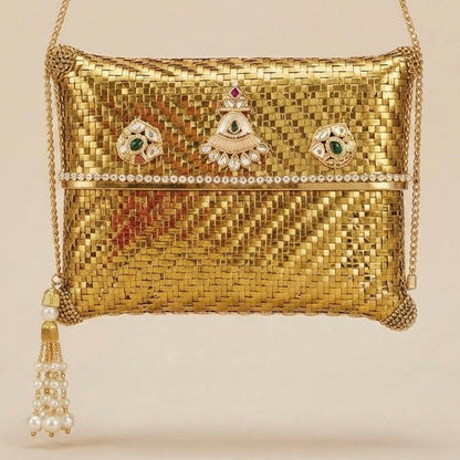 Golden Weave Kundan Clutch