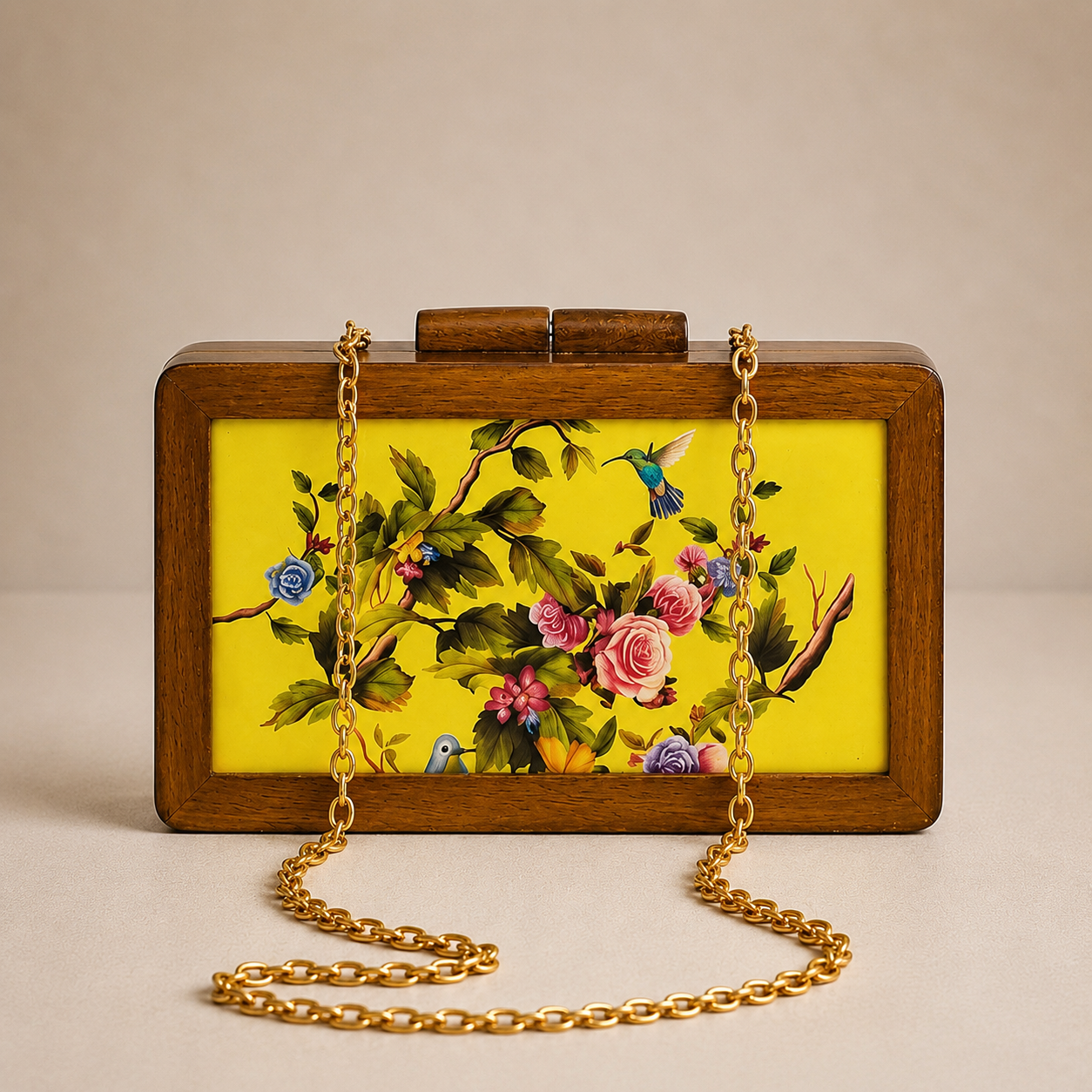 Sunshine Aviary Wooden Clutch
