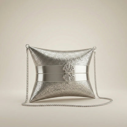 Embossed Silver Hard-Shell Clutch
