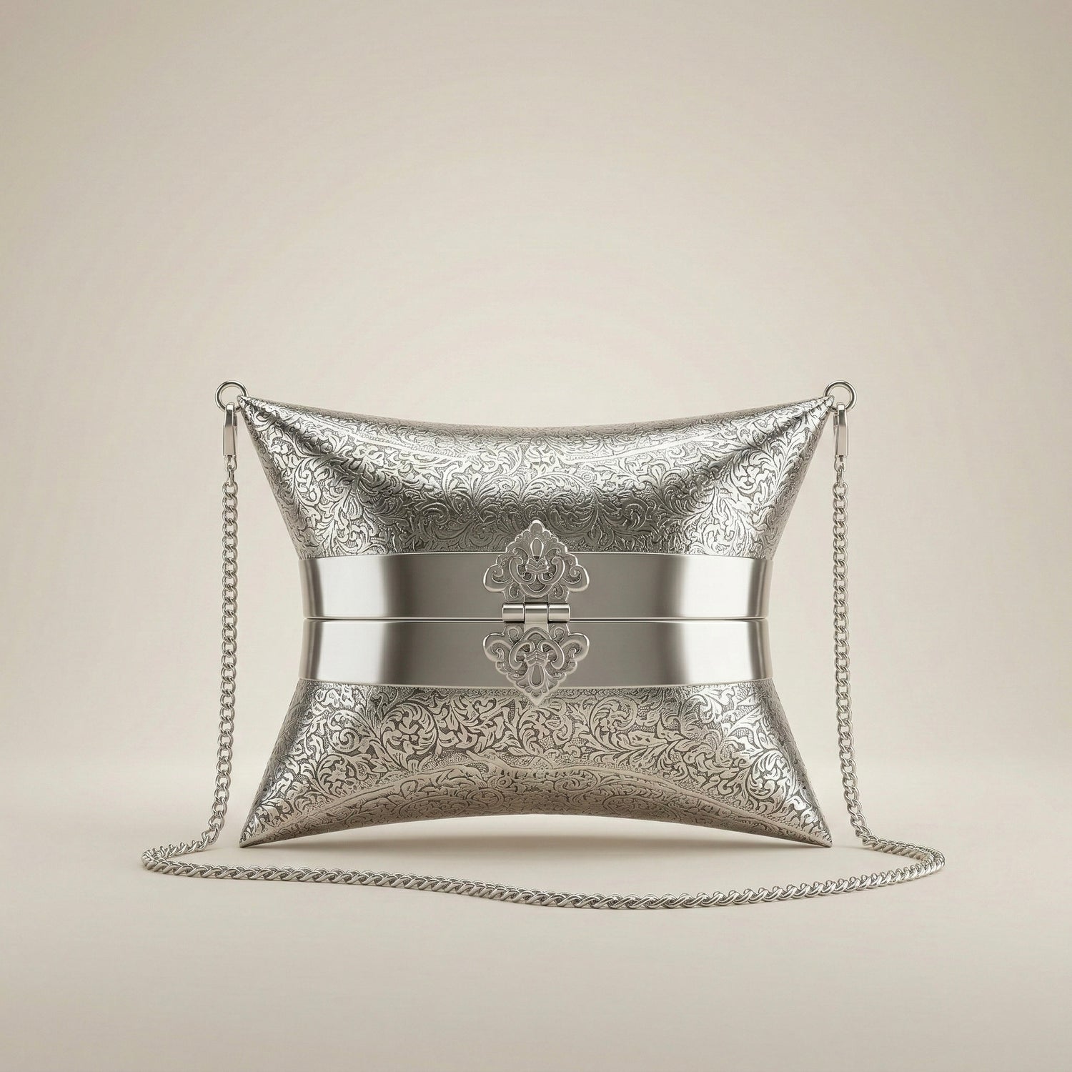 Embossed Silver Hard-Shell Clutch