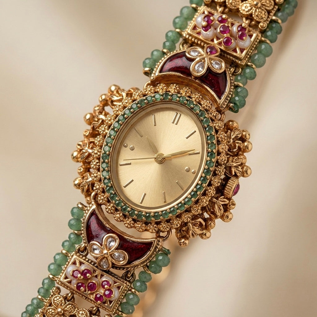 Heritage Kundan &amp; Emerald Pearl Watch