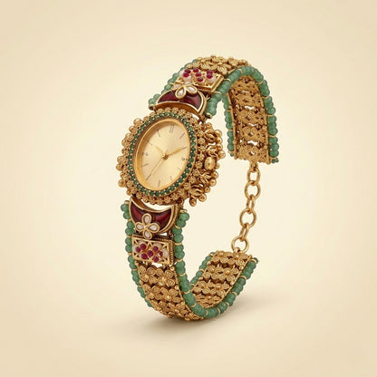 Heritage Kundan &amp; Emerald Pearl Watch
