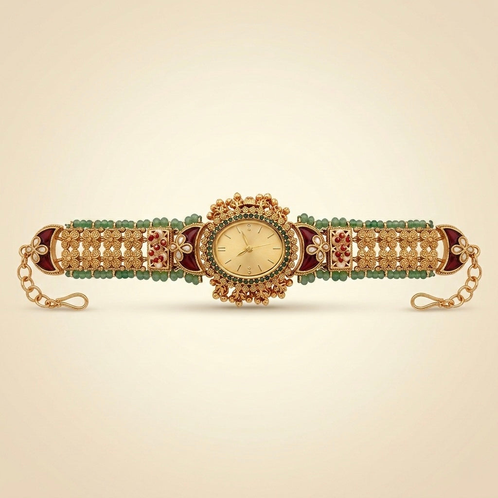 Heritage Kundan &amp; Emerald Pearl Watch