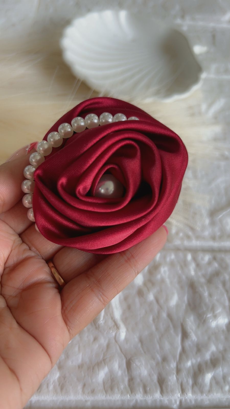 Satin Rose Shaper Hair Brooch with Pearl Center