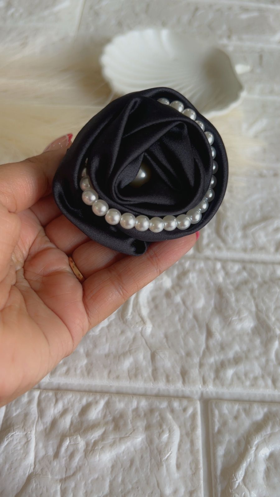 Satin Rose Shaper Hair Brooch with Pearl Center